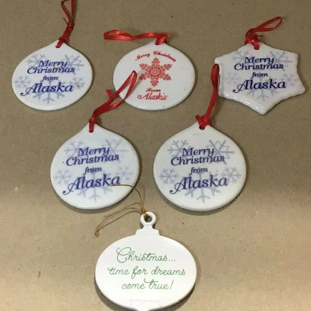 Set of six porcelain desk ornaments mostly Alaskan